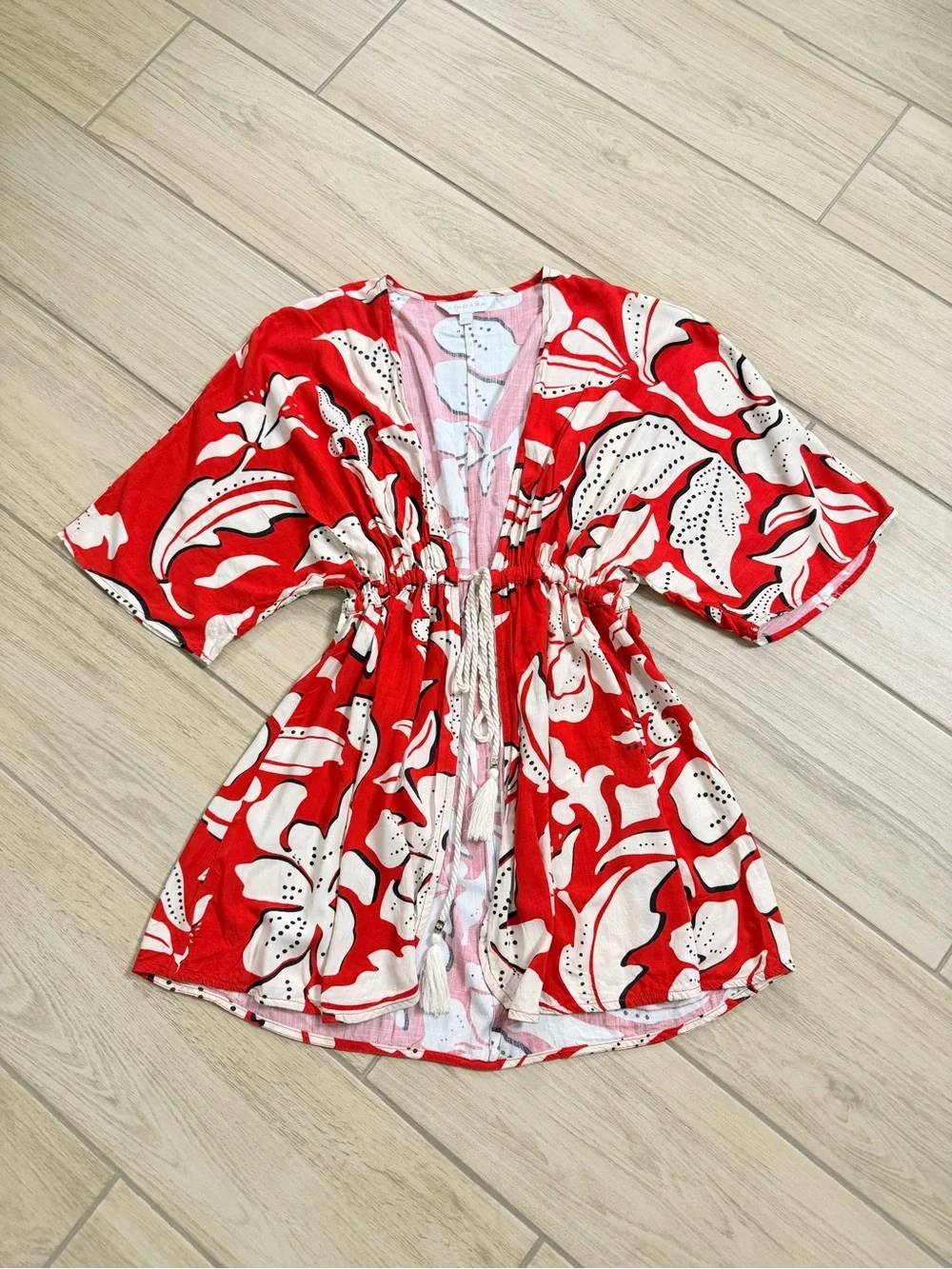 Zingara Red White Floral Kimono Beach Cover Up Dress Size M/L Resortwear Boho